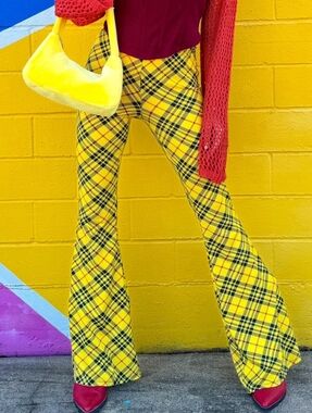 🌼✌️90s Cher Clueless Yellow Vintage Plaid Flare Bell Bottom Pants Small